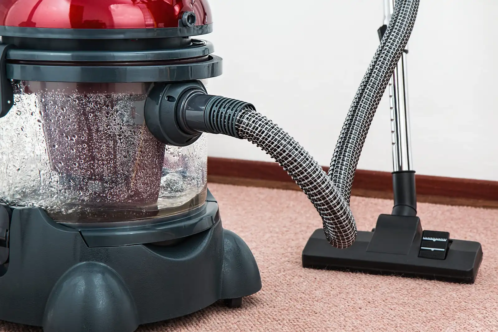 Hot water extraction machine with a filled water tank on carpet, the setup used for carpet steam cleaning in Ballarat
